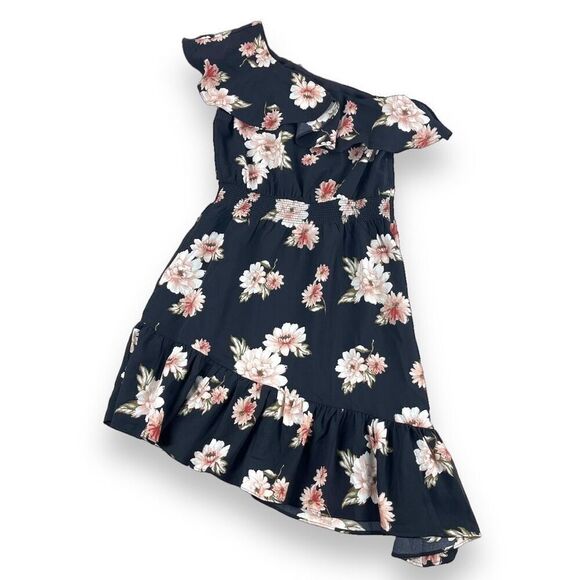 JOA Casual Dress Womens Size Small Black Floral One Shoulder Asymmetrical Midi - Picture 3 of 12